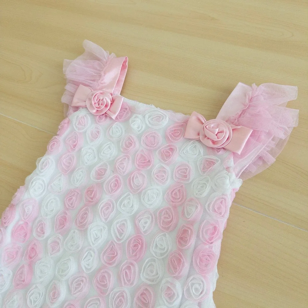 Jona Michelle Girls‎ Dress 4T Pink White 3D Rosette Tulle Ruffle Princess Dainty